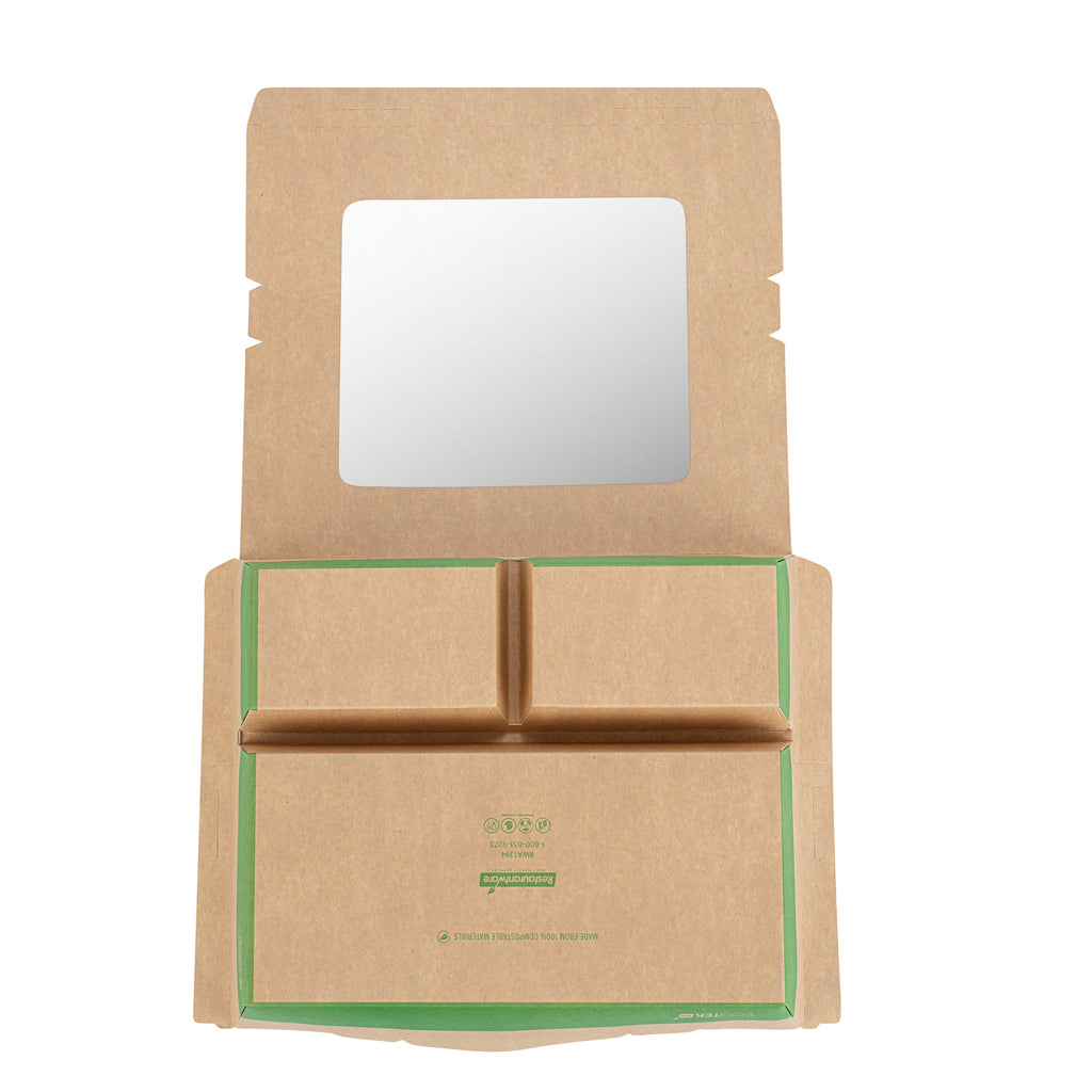 Eco Tek 78 oz Kraft and Green Paper Bento Box - with PLA Window, 3-Compartment, Compostable - 11" x 9" x 2" - 100 count box