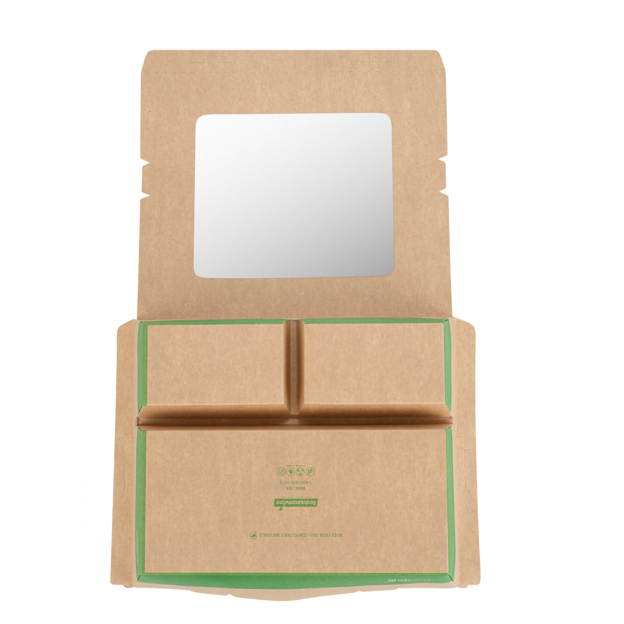 Eco Tek 78 oz Kraft and Green Paper Bento Box - with PLA Window, 3-Compartment, Compostable - 11" x 9" x 2" - 100 count box