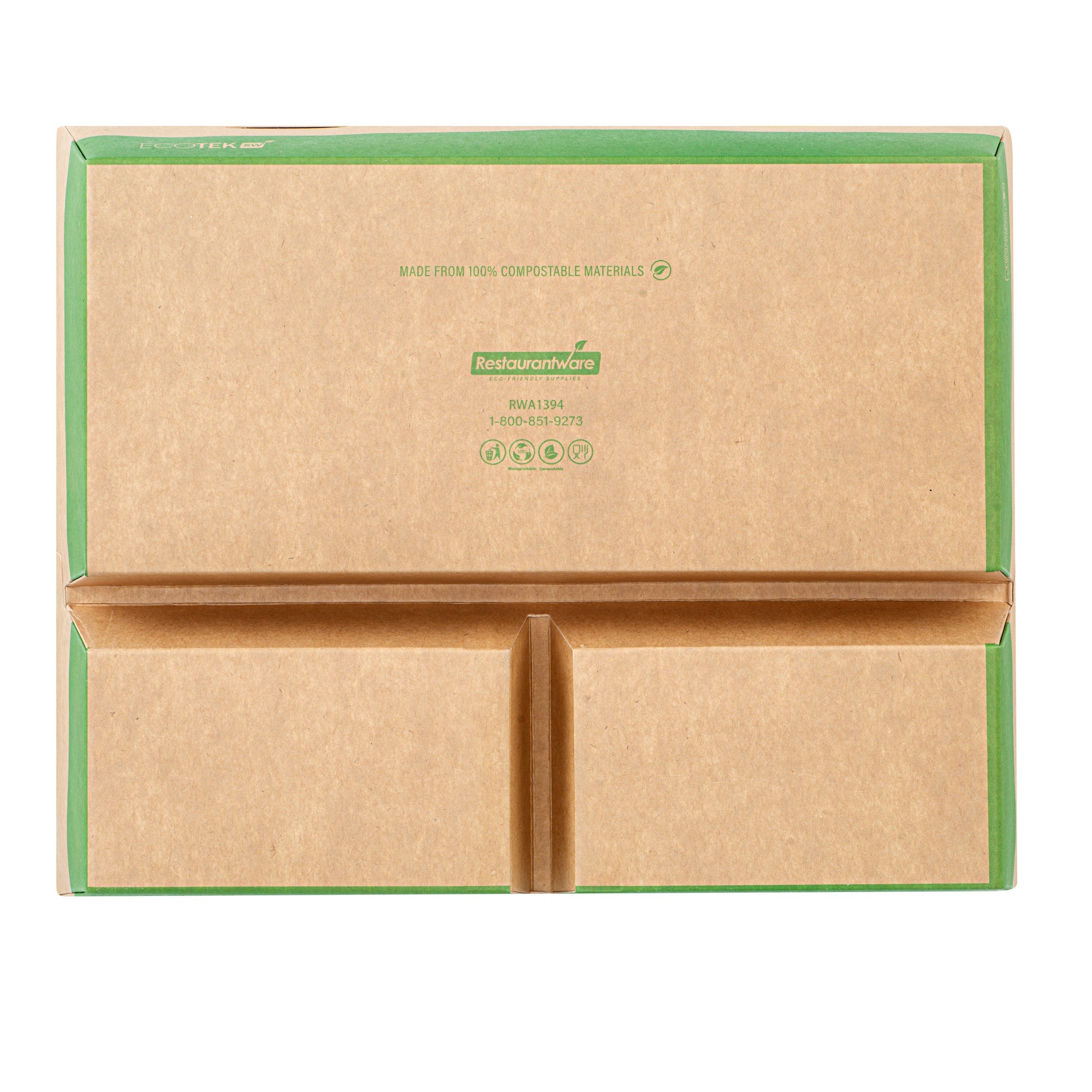 Eco Tek 78 oz Kraft and Green Paper Bento Box - with PLA Window, 3-Compartment, Compostable - 11" x 9" x 2" - 100 count box