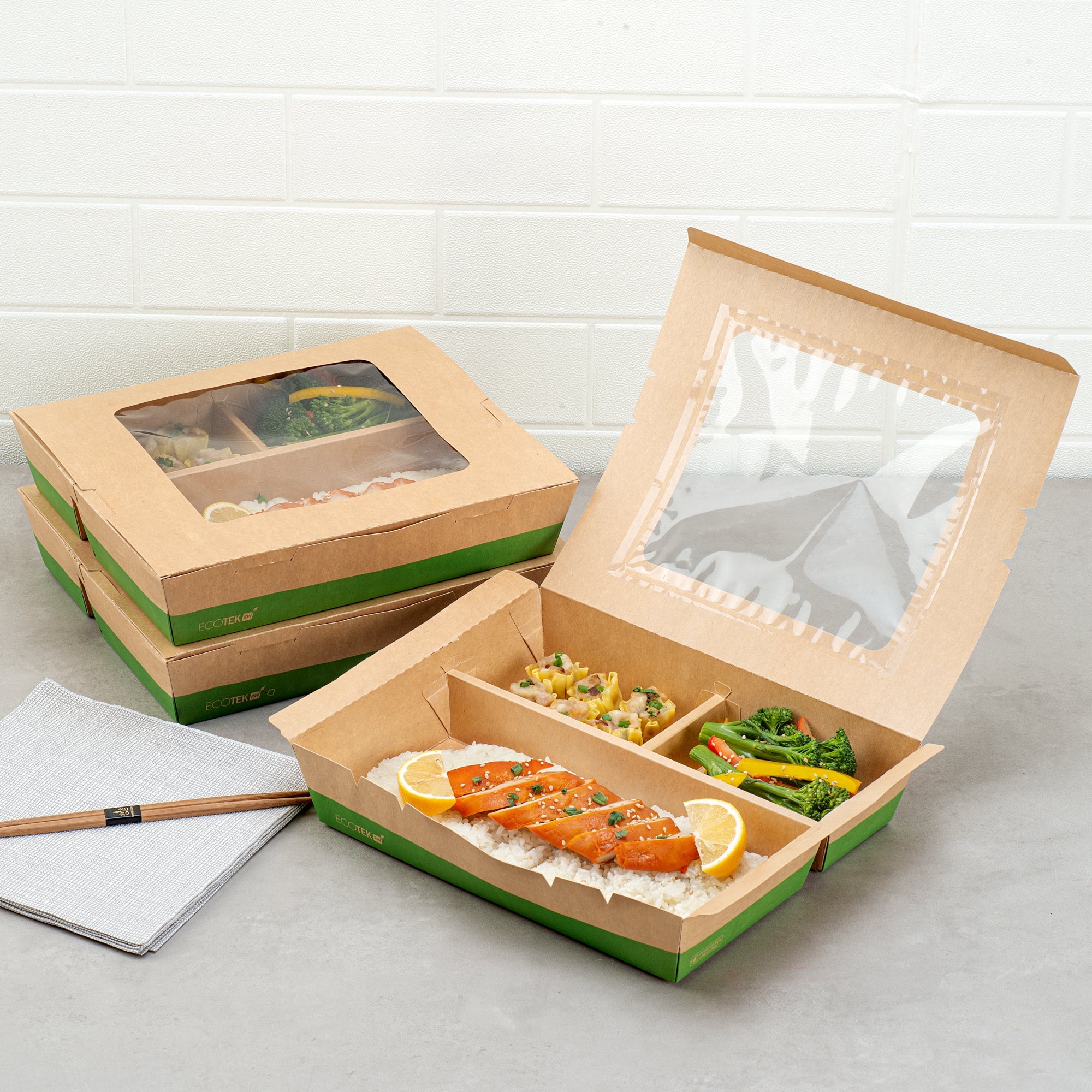 Eco Tek 78 oz Kraft and Green Paper Bento Box - with PLA Window, 3-Compartment, Compostable - 11" x 9" x 2" - 100 count box