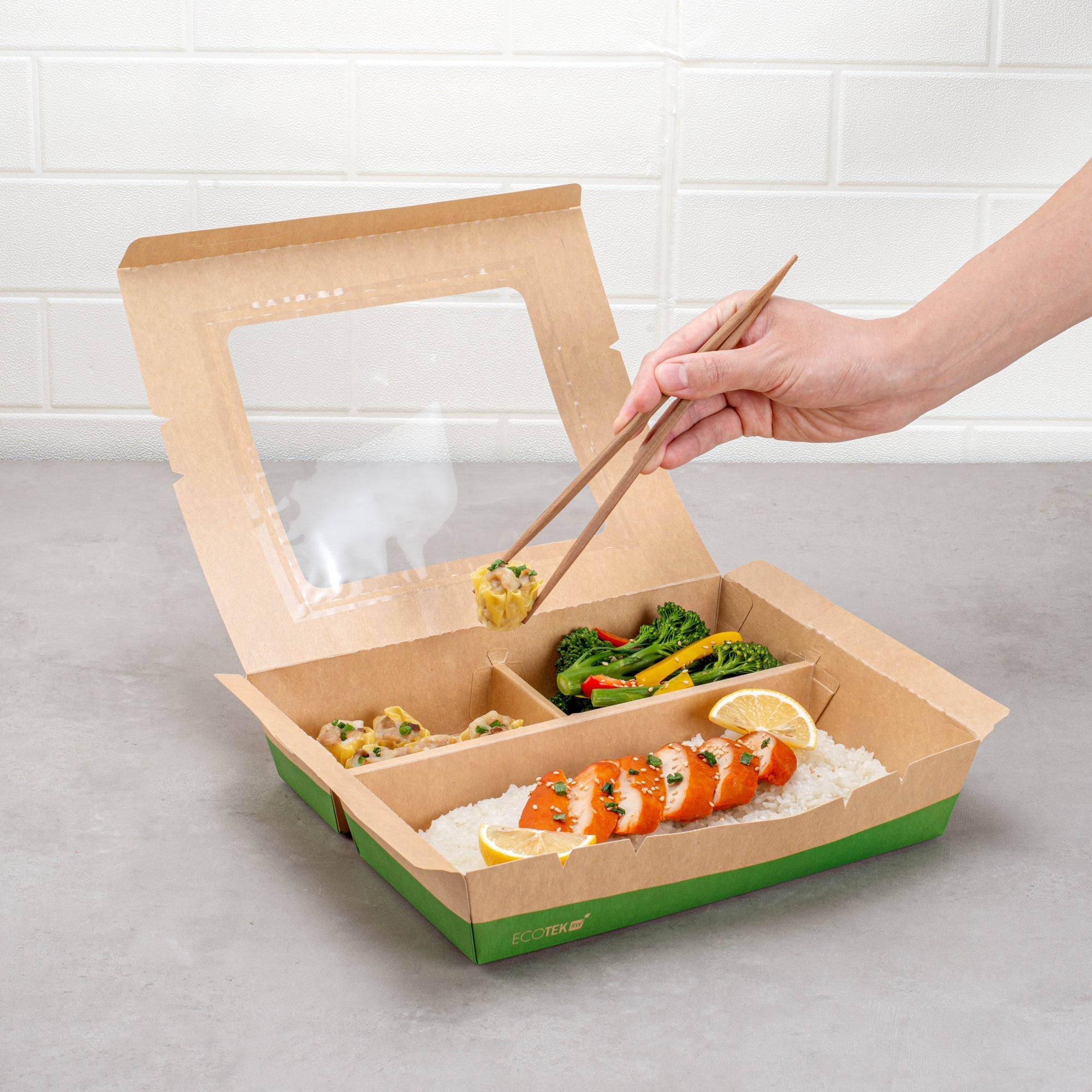 Eco Tek 78 oz Kraft and Green Paper Bento Box - with PLA Window, 3-Compartment, Compostable - 11" x 9" x 2" - 100 count box