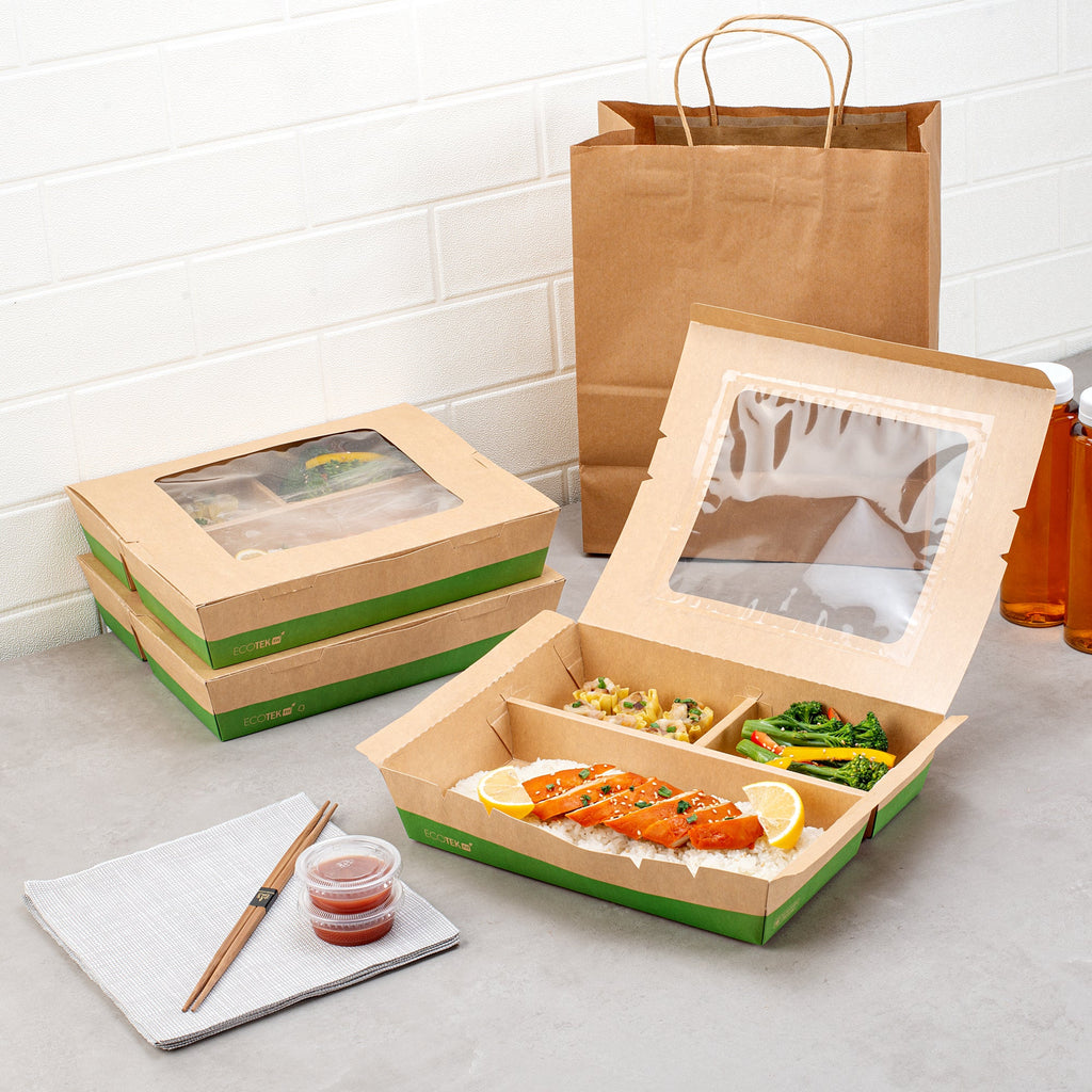 Eco Tek 78 oz Kraft and Green Paper Bento Box - with PLA Window, 3-Compartment, Compostable - 11" x 9" x 2" - 100 count box