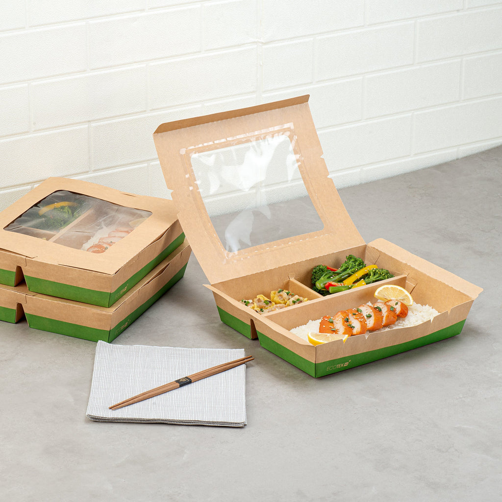 Eco Tek 78 oz Kraft and Green Paper Bento Box - with PLA Window, 3-Compartment, Compostable - 11" x 9" x 2" - 100 count box