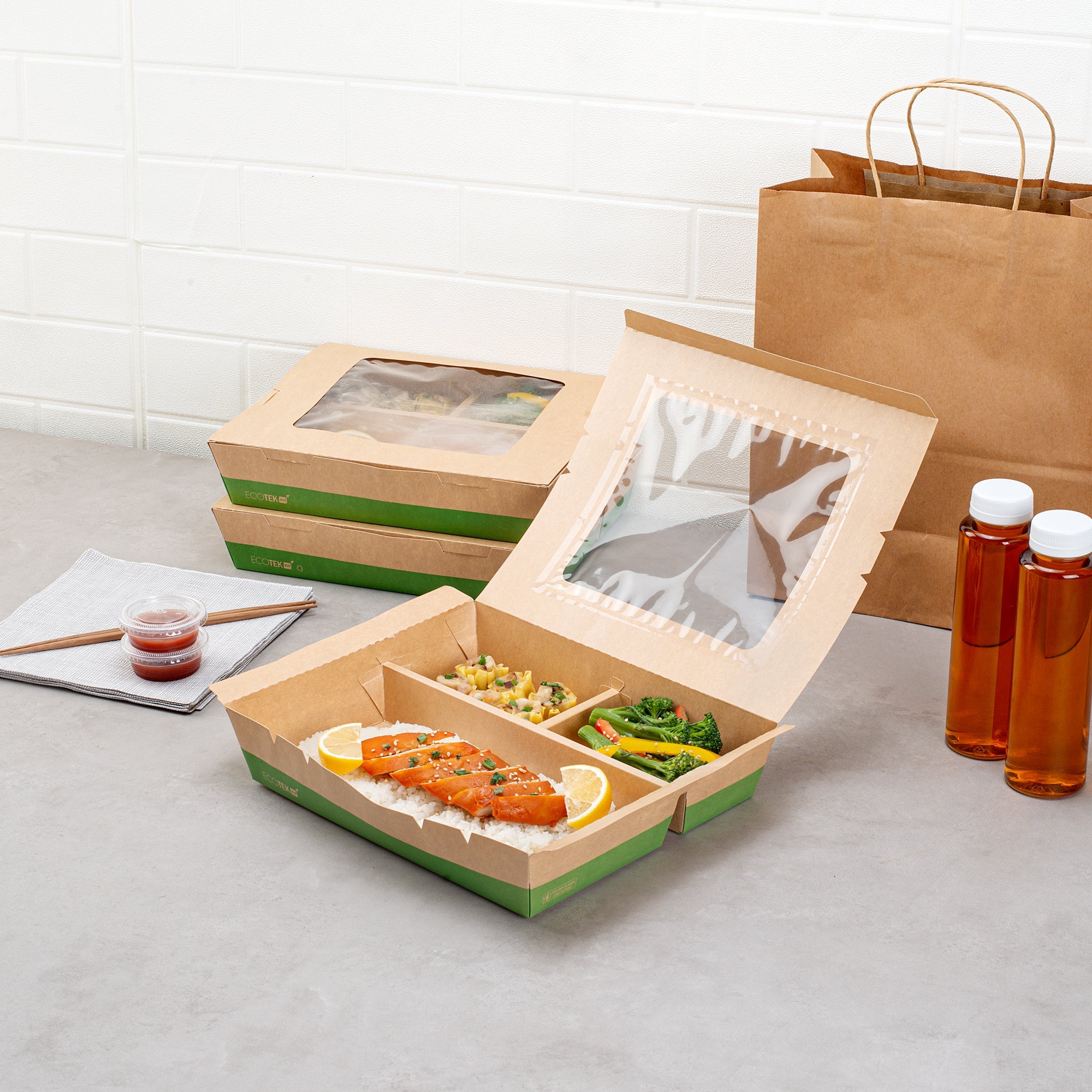 Eco Tek 78 oz Kraft and Green Paper Bento Box - with PLA Window, 3-Compartment, Compostable - 11" x 9" x 2" - 100 count box