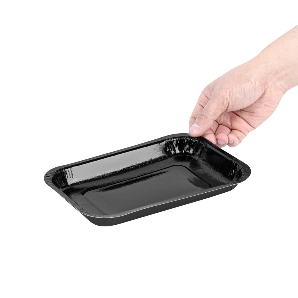 Pastry Tek 15 oz Rectangle Black Paperboard Tray - Oven-Safe - 8 1/4" x 5 1/2" x 1" - 100 count box