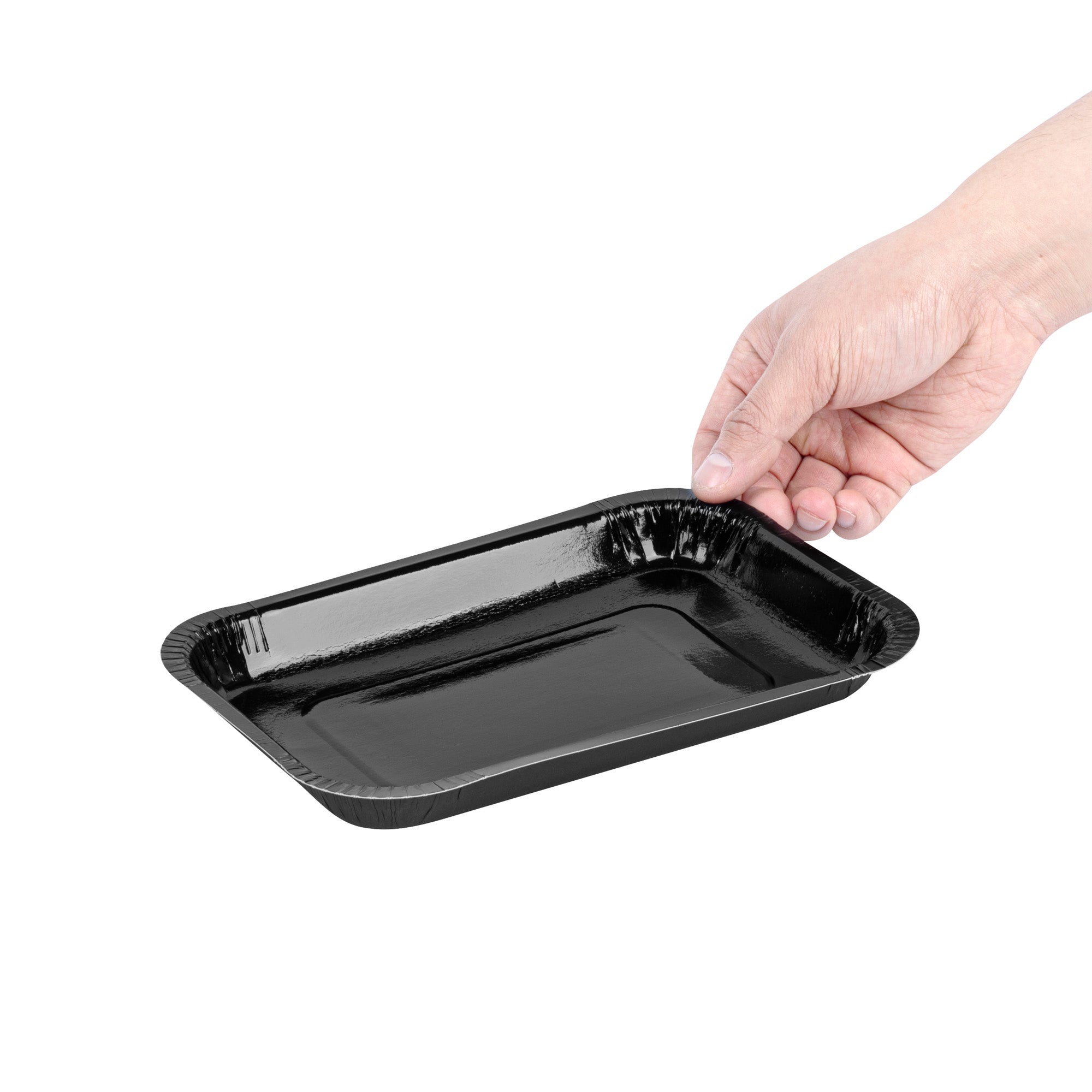Pastry Tek 15 oz Rectangle Black Paperboard Tray - Oven-Safe - 8 1/4" x 5 1/2" x 1" - 100 count box