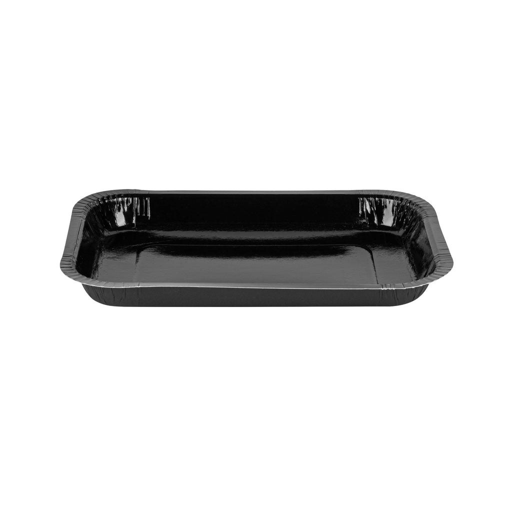 Pastry Tek 15 oz Rectangle Black Paperboard Tray - Oven-Safe - 8 1/4" x 5 1/2" x 1" - 100 count box