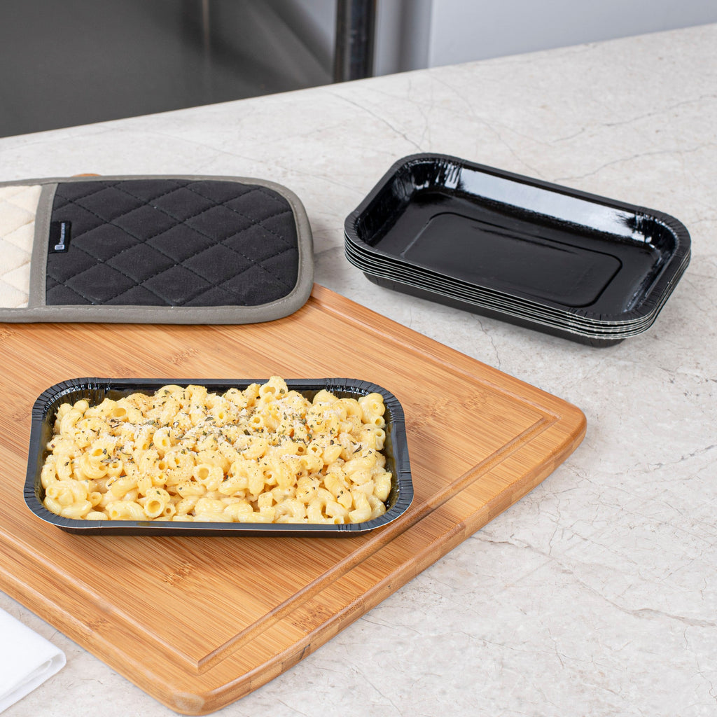 Pastry Tek 15 oz Rectangle Black Paperboard Tray - Oven-Safe - 8 1/4" x 5 1/2" x 1" - 100 count box