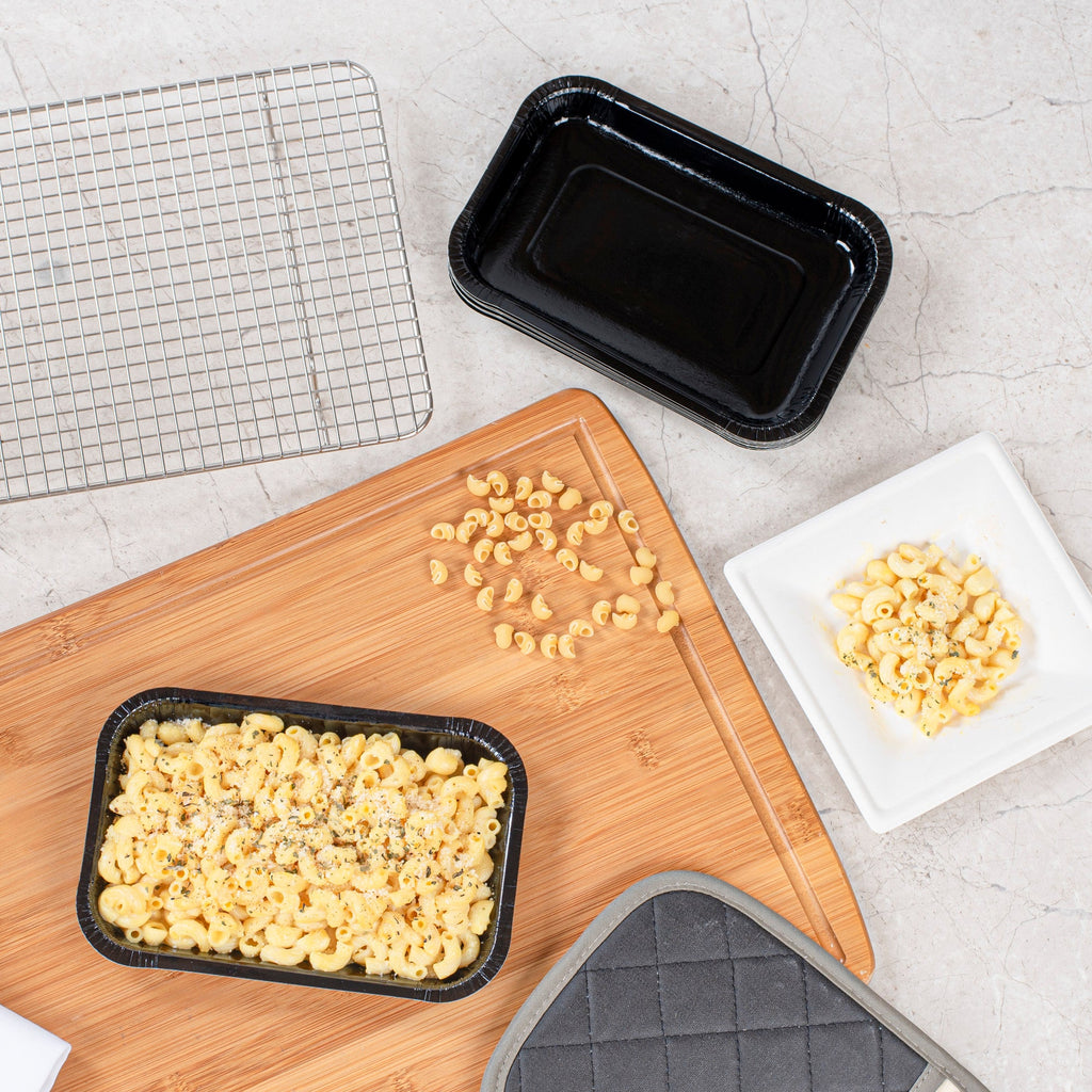 Pastry Tek 15 oz Rectangle Black Paperboard Tray - Oven-Safe - 8 1/4" x 5 1/2" x 1" - 100 count box