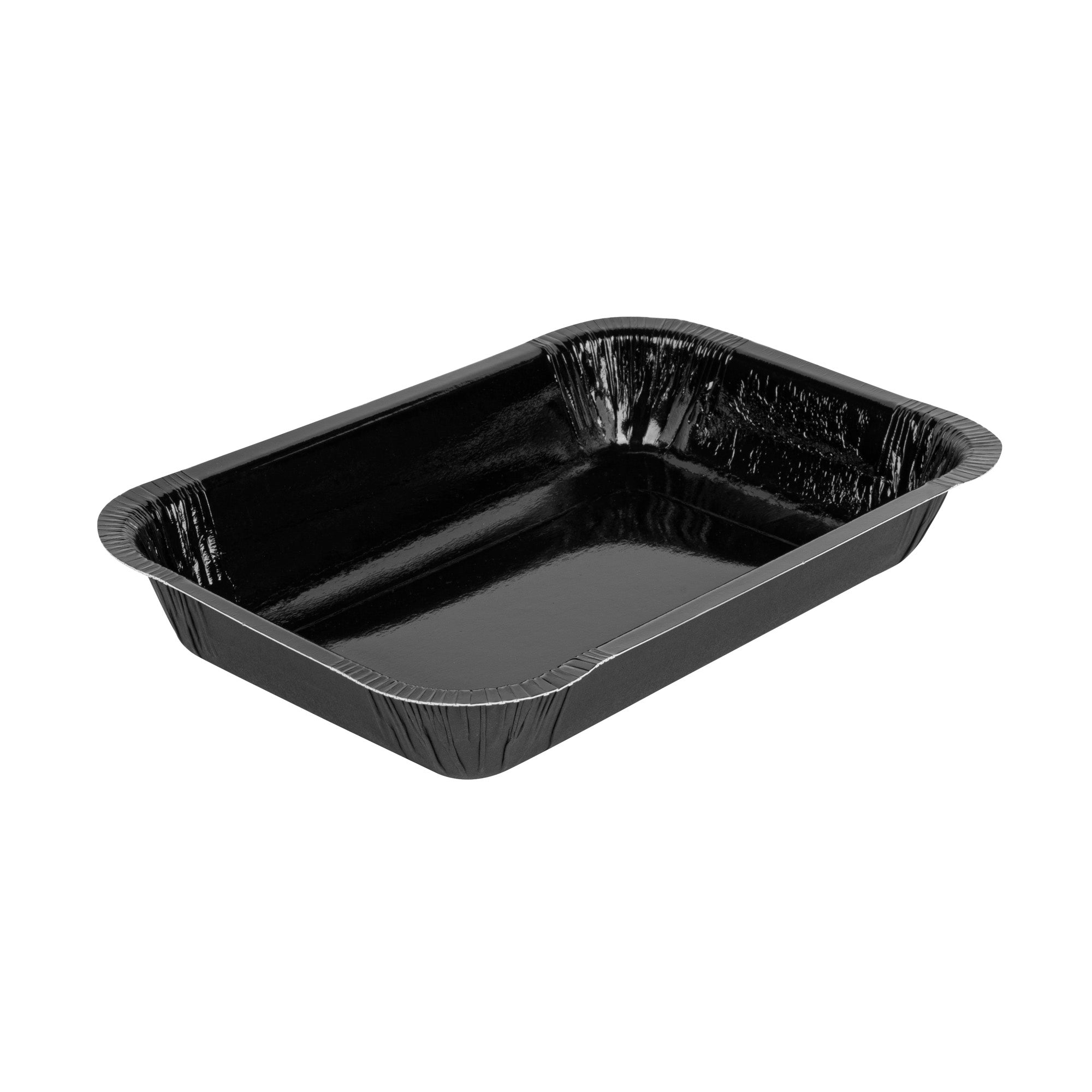 Pastry Tek 24 oz Rectangle Black Paperboard Tray - Oven-Safe - 8 1/4" x 5 1/2" x 1 1/2" - 25 count box