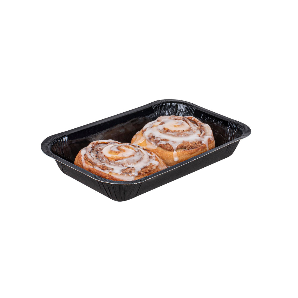 Pastry Tek 24 oz Rectangle Black Paperboard Tray - Oven-Safe - 8 1/4" x 5 1/2" x 1 1/2" - 25 count box