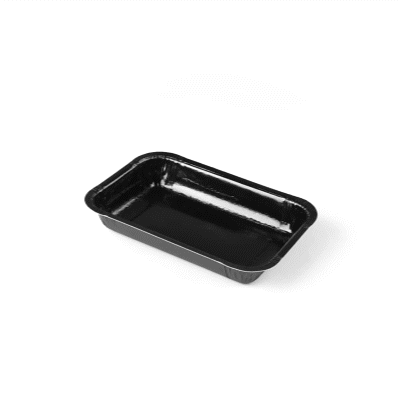 Pastry Tek 24 oz Rectangle Black Paperboard Tray - Oven-Safe - 8 1/4" x 5 1/2" x 1 1/2" - 25 count box