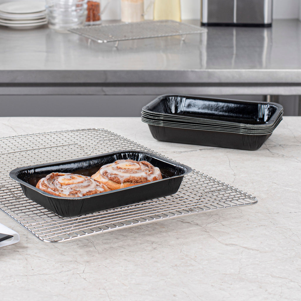 Pastry Tek 24 oz Rectangle Black Paperboard Tray - Oven-Safe - 8 1/4" x 5 1/2" x 1 1/2" - 25 count box