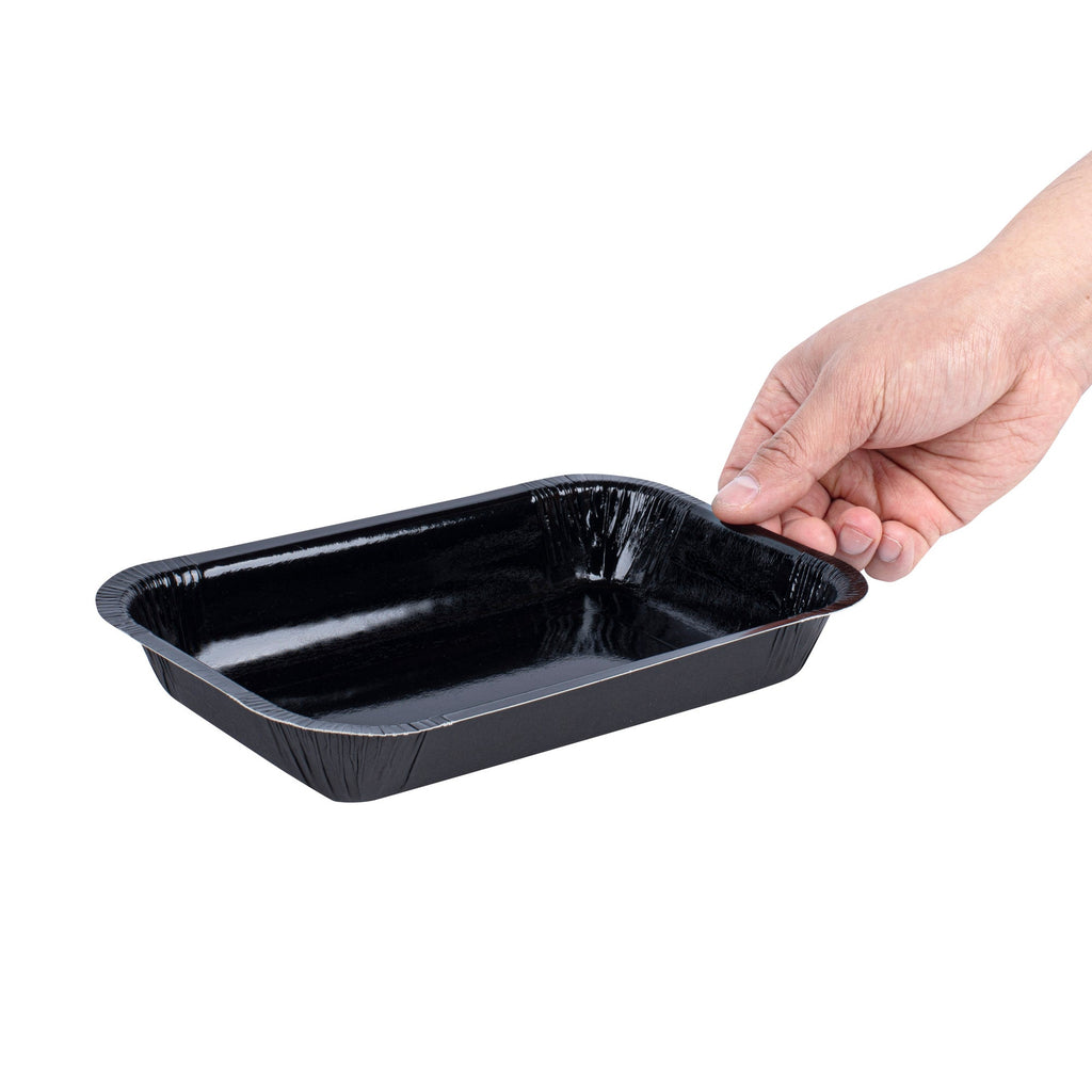 Pastry Tek 24 oz Rectangle Black Paperboard Tray - Oven-Safe - 8 1/4" x 5 1/2" x 1 1/2" - 100 count box