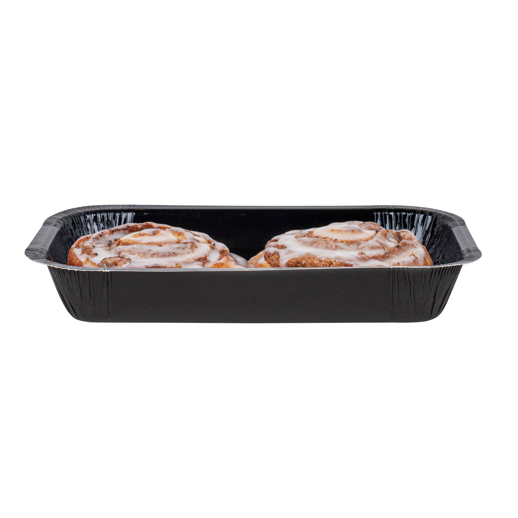 Pastry Tek 24 oz Rectangle Black Paperboard Tray - Oven-Safe - 8 1/4" x 5 1/2" x 1 1/2" - 100 count box