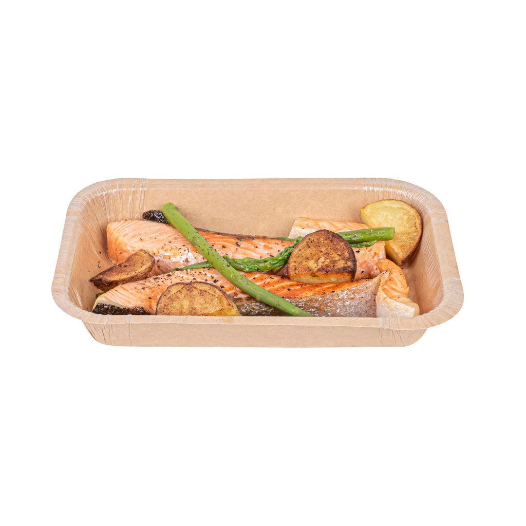 Pastry Tek 24 oz Rectangle Kraft Paperboard Tray - Oven-Safe - 8 1/4" x 5 1/2" x 1 1/2" - 25 count box