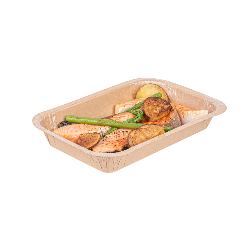 Pastry Tek 24 oz Rectangle Kraft Paperboard Tray - Oven-Safe - 8 1/4" x 5 1/2" x 1 1/2" - 100 count box