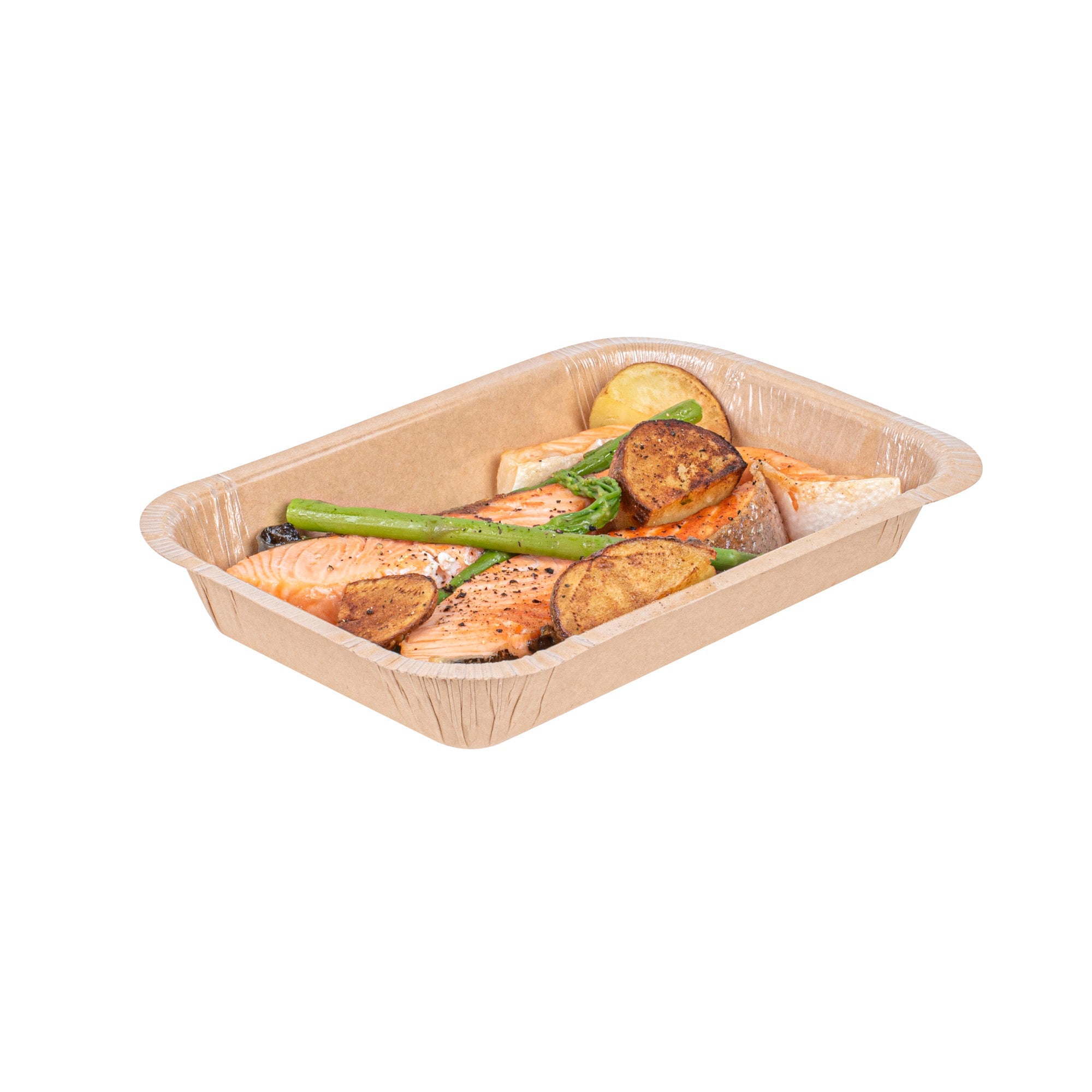 Pastry Tek 24 oz Rectangle Kraft Paperboard Tray - Oven-Safe - 8 1/4" x 5 1/2" x 1 1/2" - 100 count box