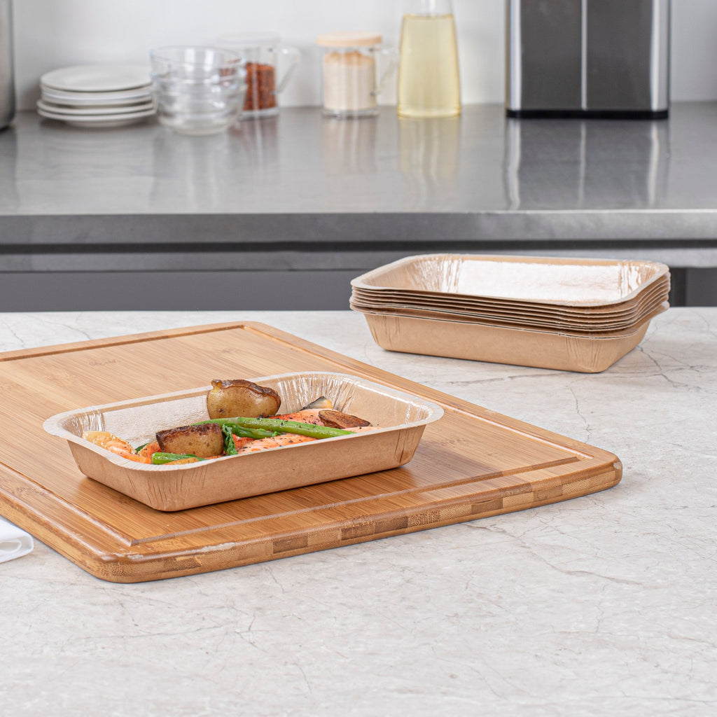 Pastry Tek 24 oz Rectangle Kraft Paperboard Tray - Oven-Safe - 8 1/4" x 5 1/2" x 1 1/2" - 100 count box