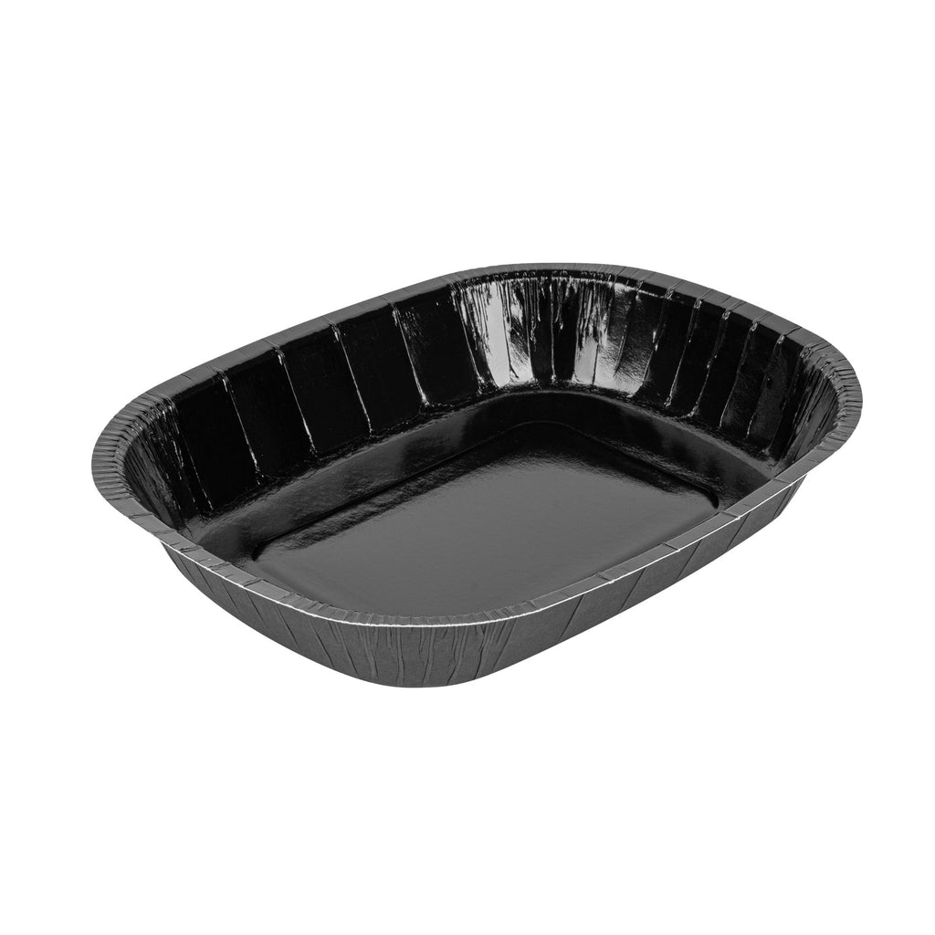 Pastry Tek 32 oz Rectangle Black Paperboard Tray - Oven-Safe - 9" x 7" x 1 3/4" - 100 count box