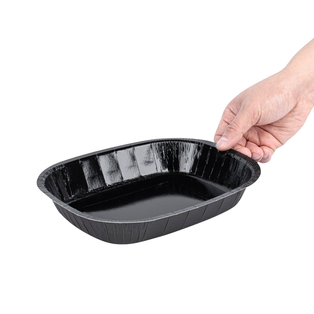 Pastry Tek 32 oz Rectangle Black Paperboard Tray - Oven-Safe - 9" x 7" x 1 3/4" - 25 count box