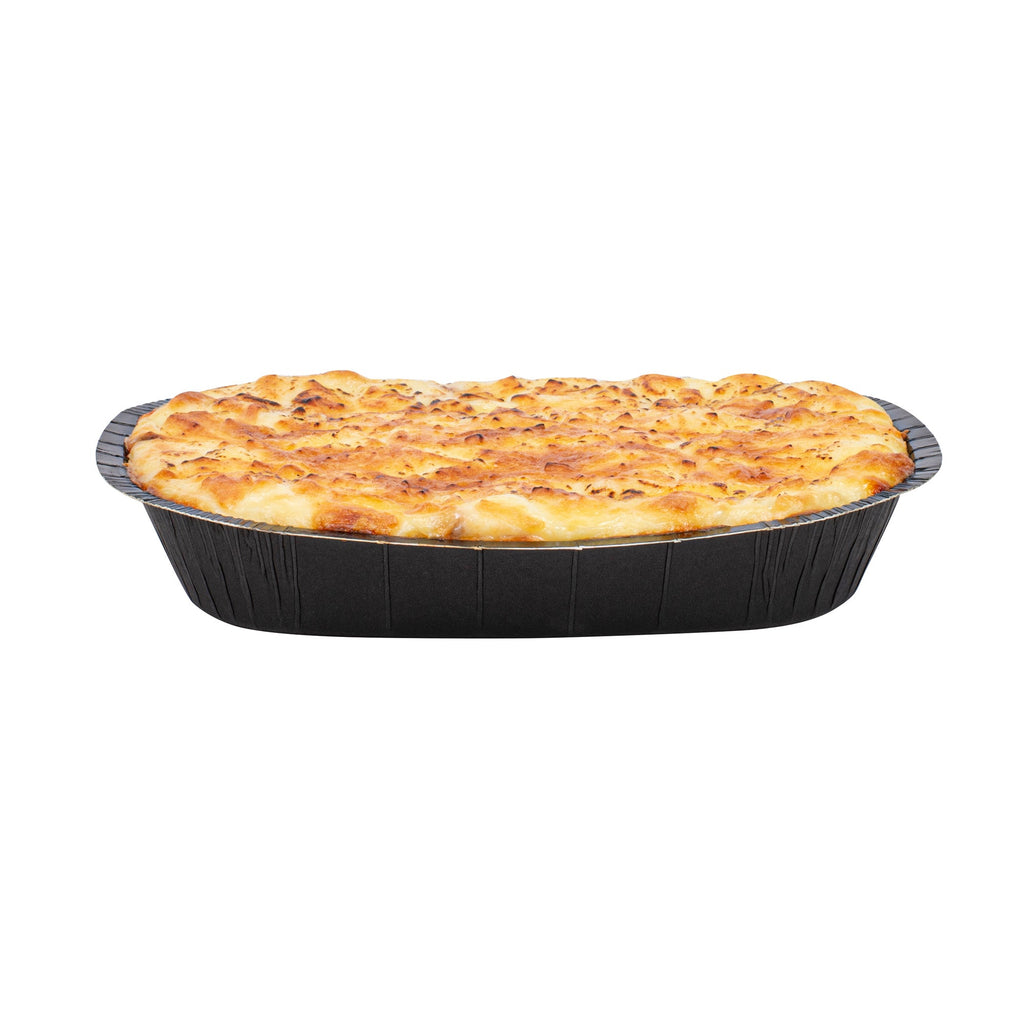 Pastry Tek 32 oz Rectangle Black Paperboard Tray - Oven-Safe - 9" x 7" x 1 3/4" - 25 count box