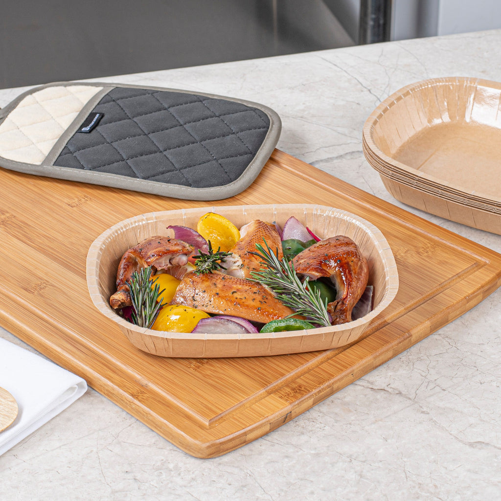 Pastry Tek 32 oz Rectangle Kraft Paperboard Tray - Oven-Safe - 9" x 7" x 1 3/4" - 25 count box