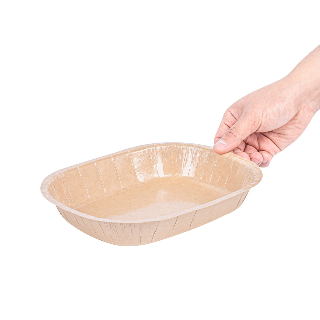 Pastry Tek 32 oz Rectangle Kraft Paperboard Tray - Oven-Safe - 9" x 7" x 1 3/4" - 100 count box