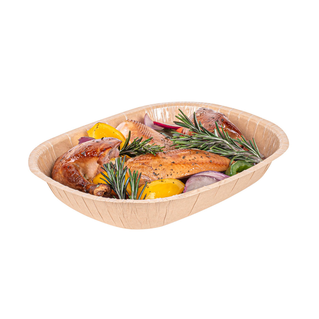 Pastry Tek 32 oz Rectangle Kraft Paperboard Tray - Oven-Safe - 9" x 7" x 1 3/4" - 100 count box