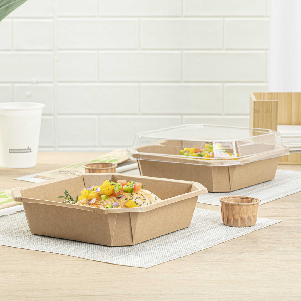 Sustain 41 oz Octagonal Kraft Paper Take Out Container - with PLA Lining, Compostable - 7 3/4" x 7 3/4" x 2" - 25 count box