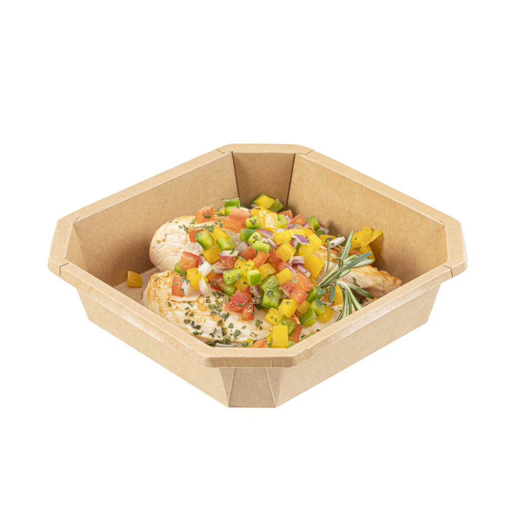 Sustain 41 oz Octagonal Kraft Paper Take Out Container - with PLA Lining, Compostable - 7 3/4" x 7 3/4" x 2" - 100 count box