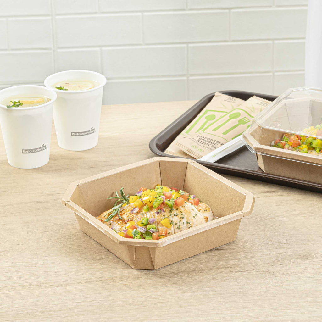 Sustain 41 oz Octagonal Kraft Paper Take Out Container - with PLA Lining, Compostable - 7 3/4" x 7 3/4" x 2" - 100 count box