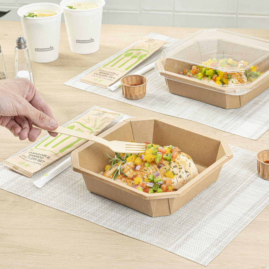 Sustain 41 oz Octagonal Kraft Paper Take Out Container - with PLA Lining, Compostable - 7 3/4" x 7 3/4" x 2" - 100 count box
