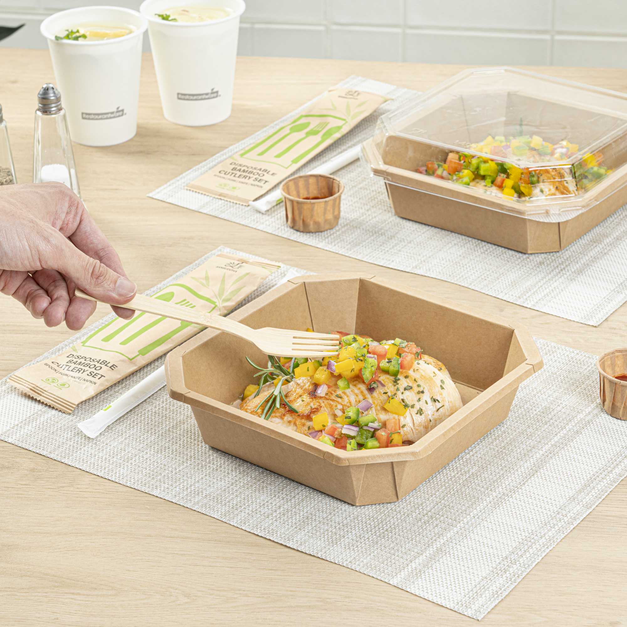 Sustain 41 oz Octagonal Kraft Paper Take Out Container - with PLA Lining, Compostable - 7 3/4" x 7 3/4" x 2" - 100 count box