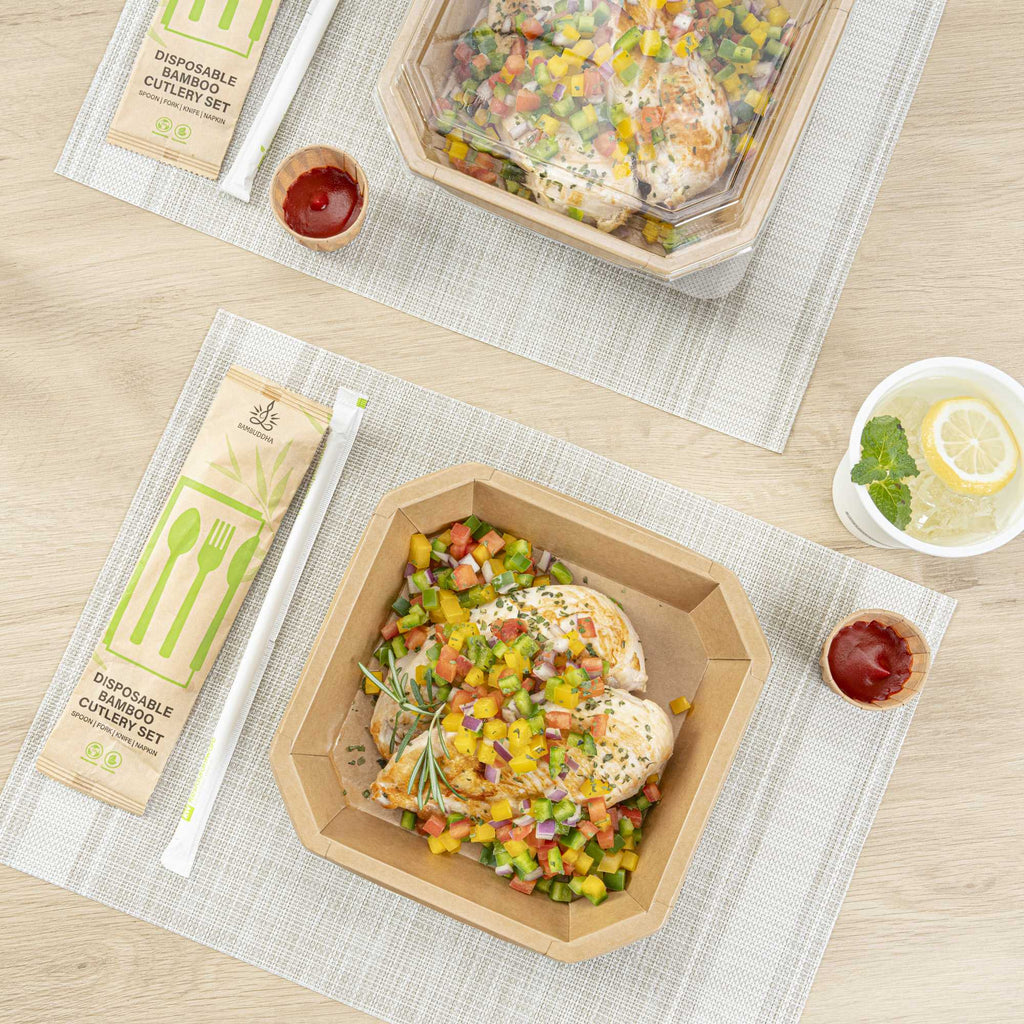 Sustain 41 oz Octagonal Kraft Paper Take Out Container - with PLA Lining, Compostable - 7 3/4" x 7 3/4" x 2" - 100 count box