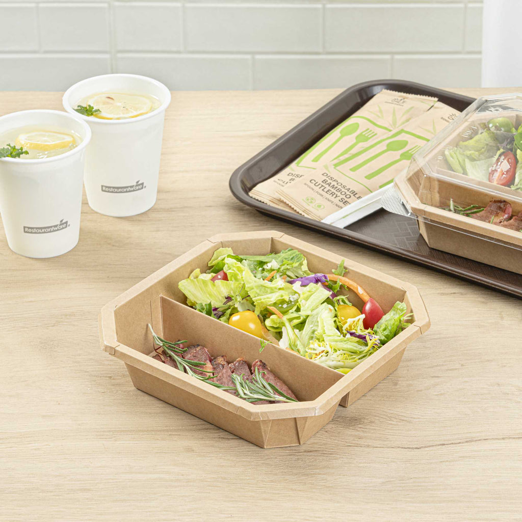 Sustain 41 oz Octagonal Kraft Paper Take Out Container - 2 Compartments, PLA Lining, Compostable - 7 3/4" x 7 3/4" x 2" - 25 count box