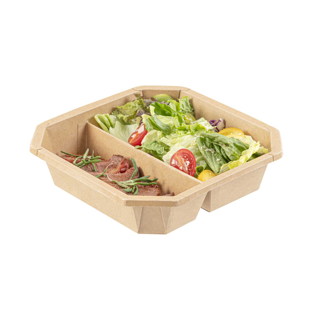 Sustain 41 oz Octagonal Kraft Paper Take Out Container - 2 Compartments, PLA Lining, Compostable - 7 3/4" x 7 3/4" x 2" - 25 count box