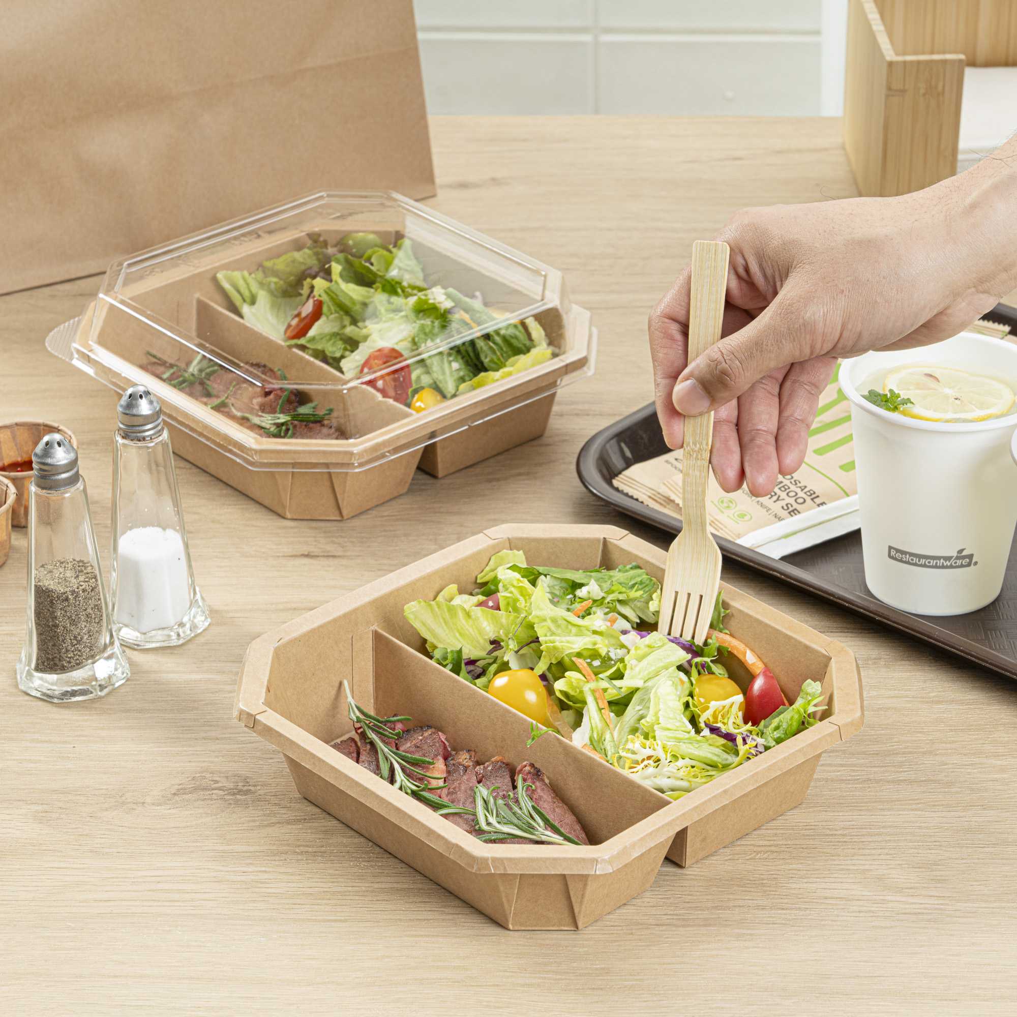 Sustain 41 oz Octagonal Kraft Paper Take Out Container - 2 Compartments, PLA Lining, Compostable - 7 3/4" x 7 3/4" x 2" - 25 count box