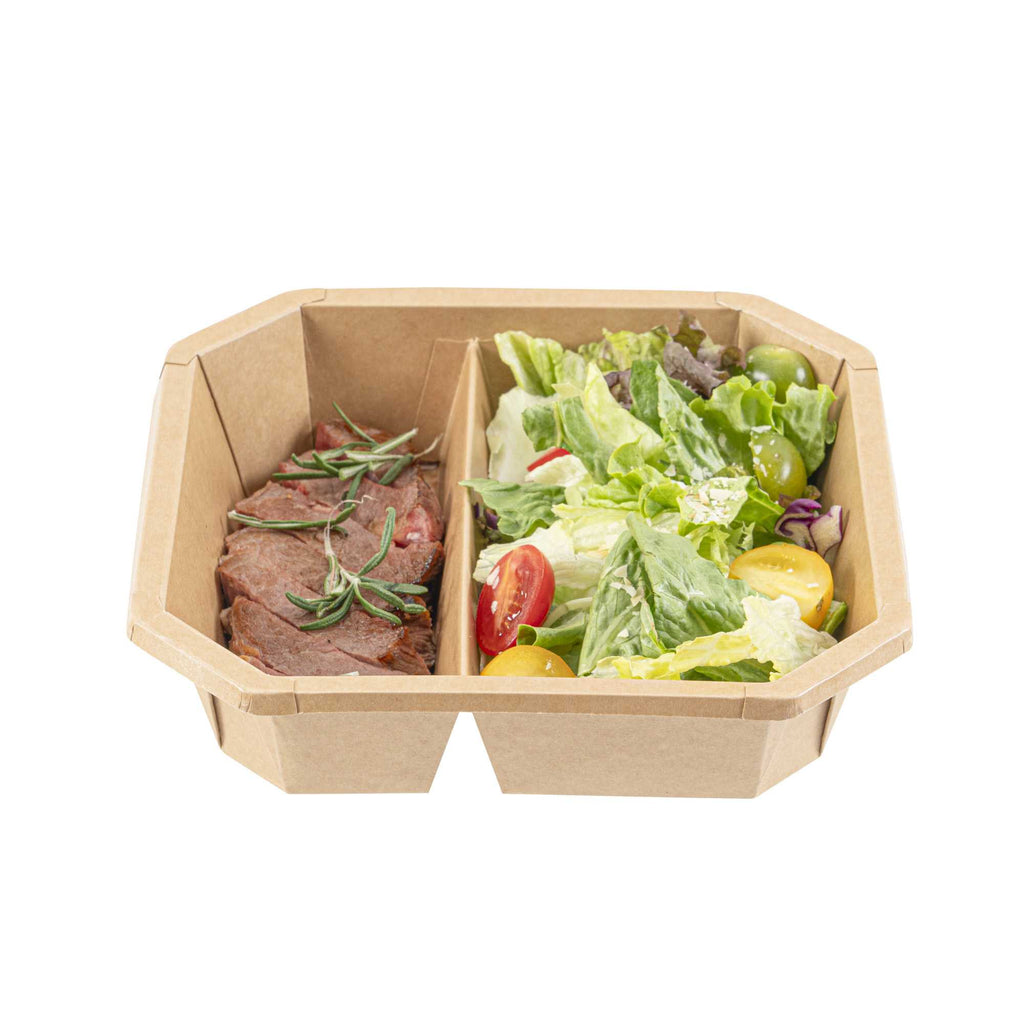 Sustain 41 oz Octagonal Kraft Paper Take Out Container - 2 Compartments, PLA Lining, Compostable - 7 3/4" x 7 3/4" x 2" - 100 count box