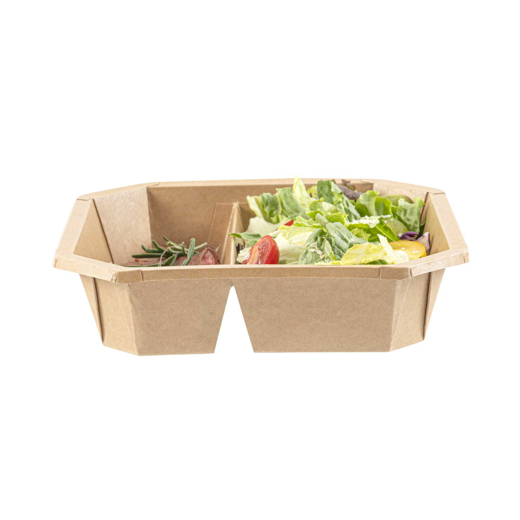 Sustain 41 oz Octagonal Kraft Paper Take Out Container - 2 Compartments, PLA Lining, Compostable - 7 3/4" x 7 3/4" x 2" - 100 count box