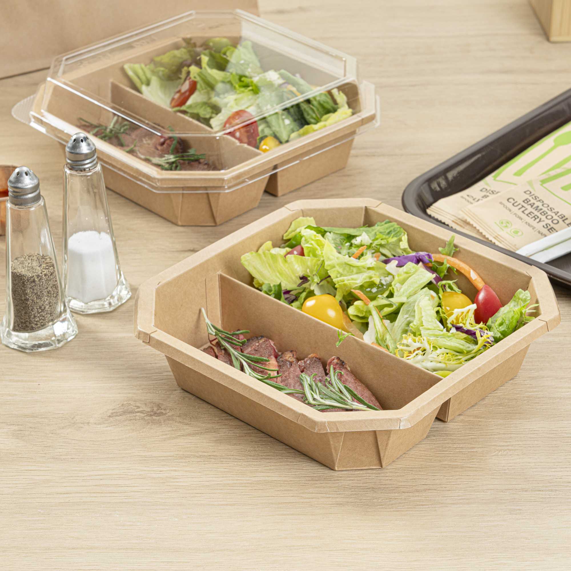 Sustain 41 oz Octagonal Kraft Paper Take Out Container - 2 Compartments, PLA Lining, Compostable - 7 3/4" x 7 3/4" x 2" - 100 count box