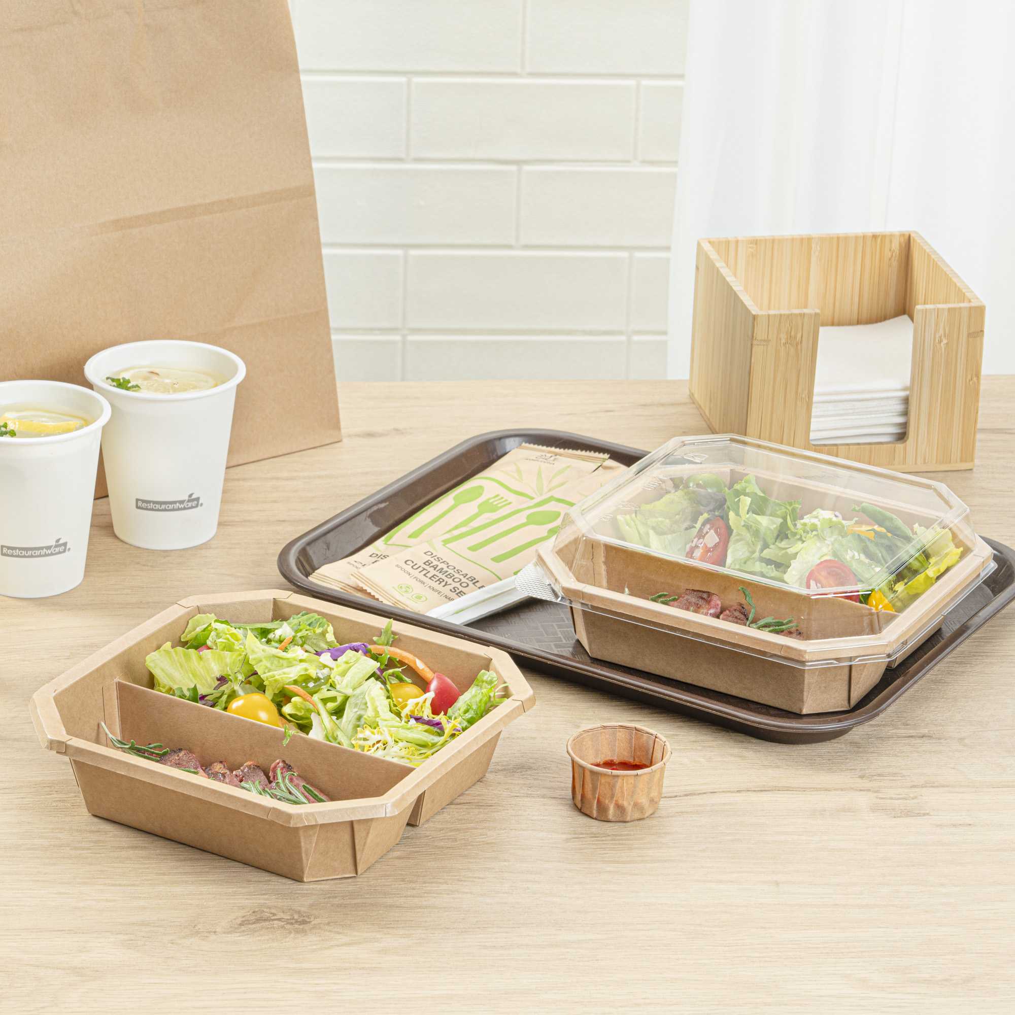 Sustain 41 oz Octagonal Kraft Paper Take Out Container - 2 Compartments, PLA Lining, Compostable - 7 3/4" x 7 3/4" x 2" - 100 count box