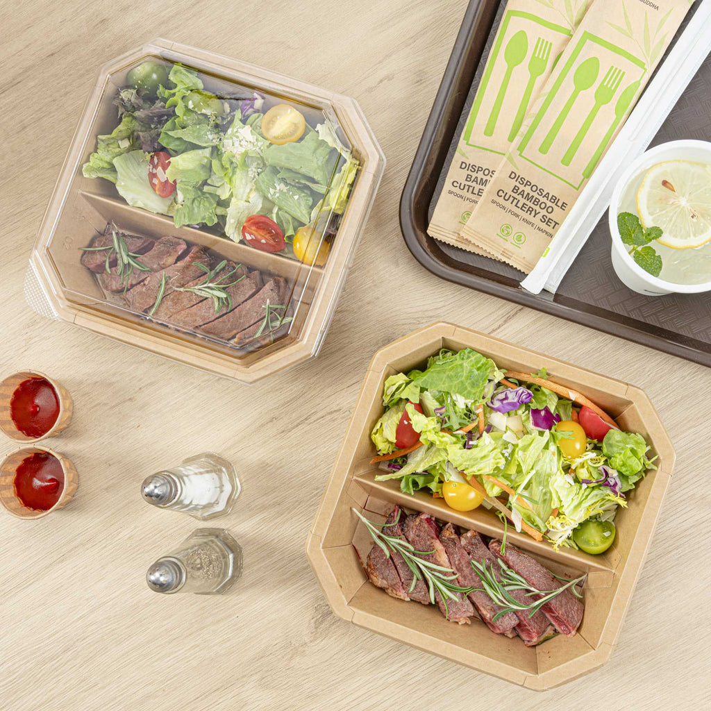 Sustain 41 oz Octagonal Kraft Paper Take Out Container - 2 Compartments, PLA Lining, Compostable - 7 3/4" x 7 3/4" x 2" - 100 count box