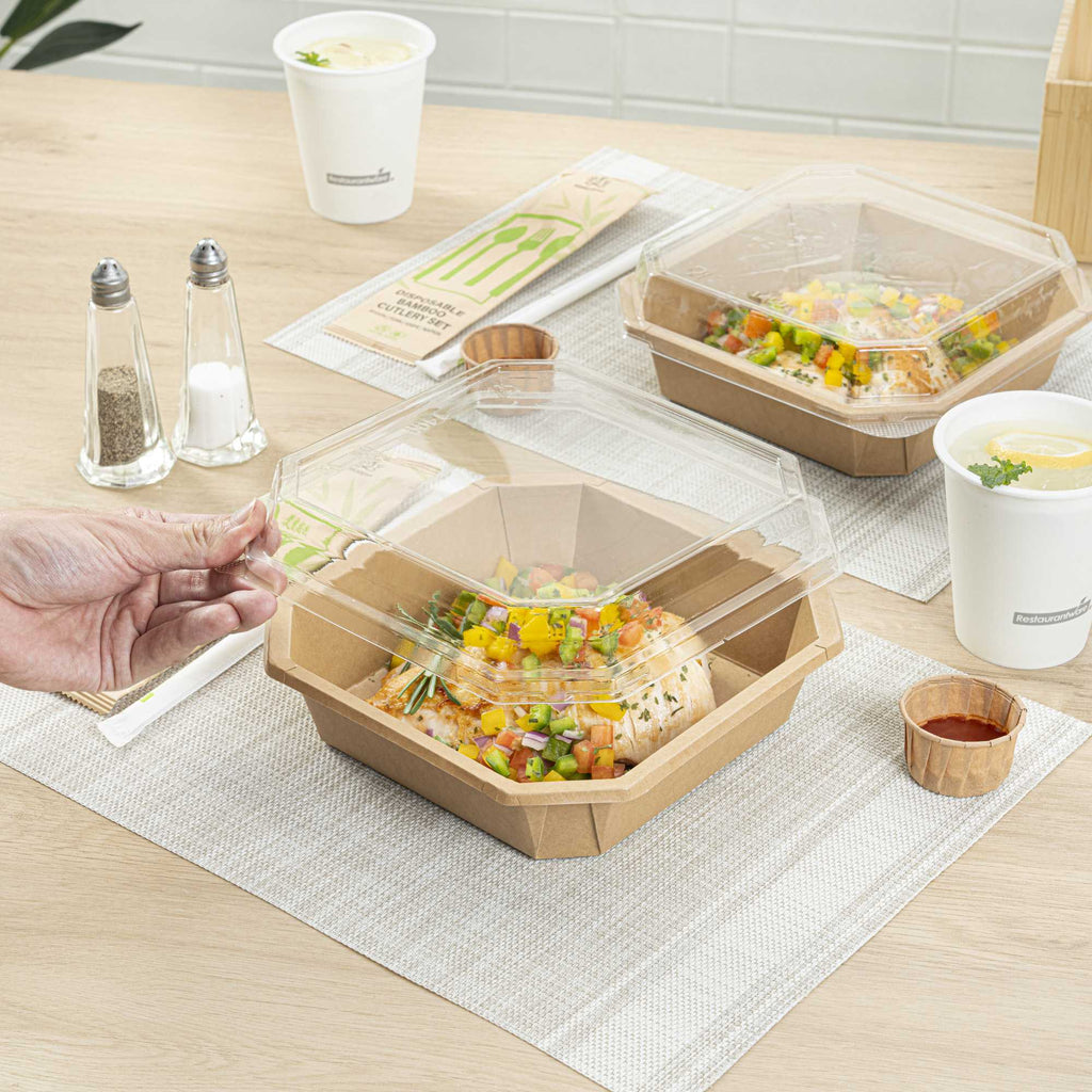 Sustain Octagonal Clear PLA Plastic Dome Lid - Fits 41 oz Container - 7 3/4" x 7 3/4" x 1 1/4" - 25 count box