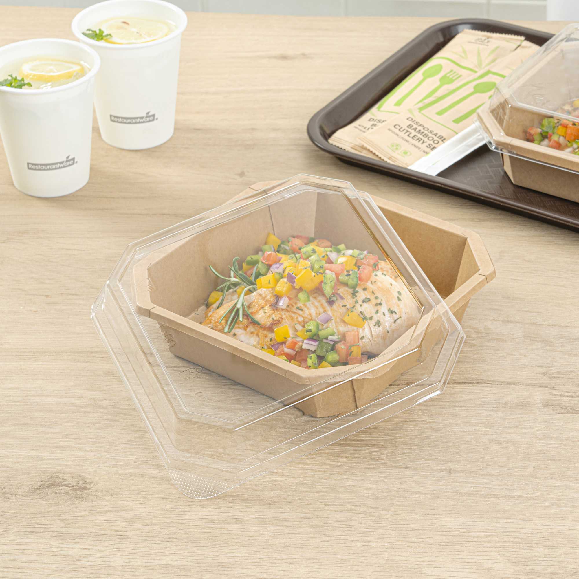 Sustain Octagonal Clear PLA Plastic Dome Lid - Fits 41 oz Container - 7 3/4" x 7 3/4" x 1 1/4" - 100 count box