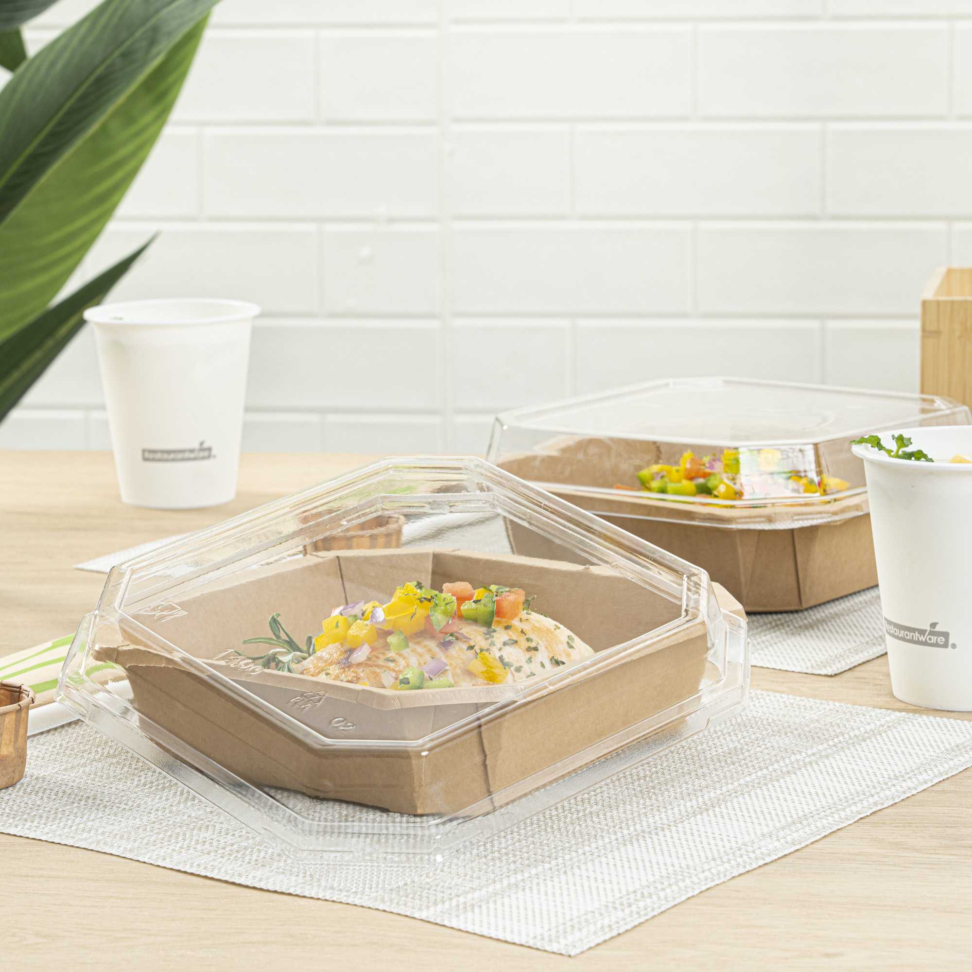 Sustain Octagonal Clear PLA Plastic Dome Lid - Fits 41 oz Container - 7 3/4" x 7 3/4" x 1 1/4" - 100 count box