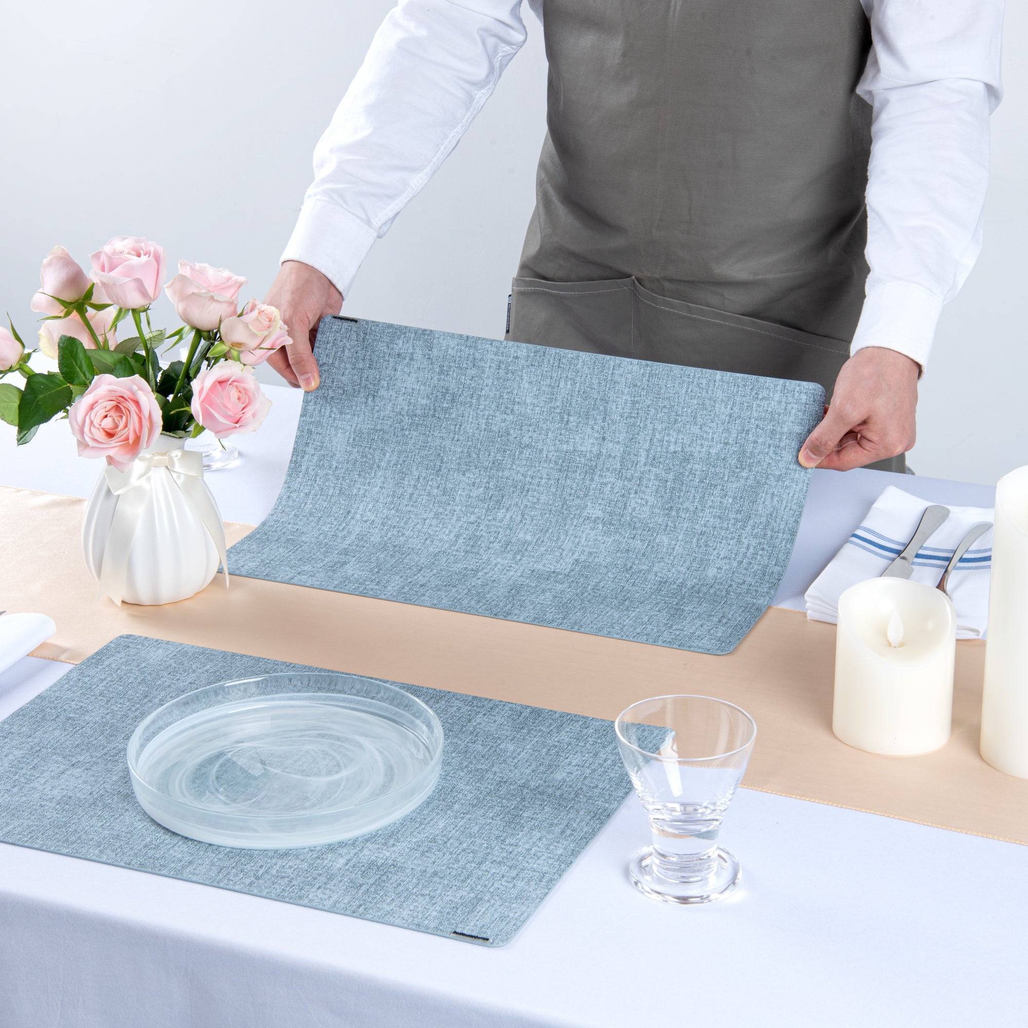 Denim Mesh Rectangle Blue Vinyl Linen-Feel Placemat - 17 3/4" x 11 3/4" - 6 count box