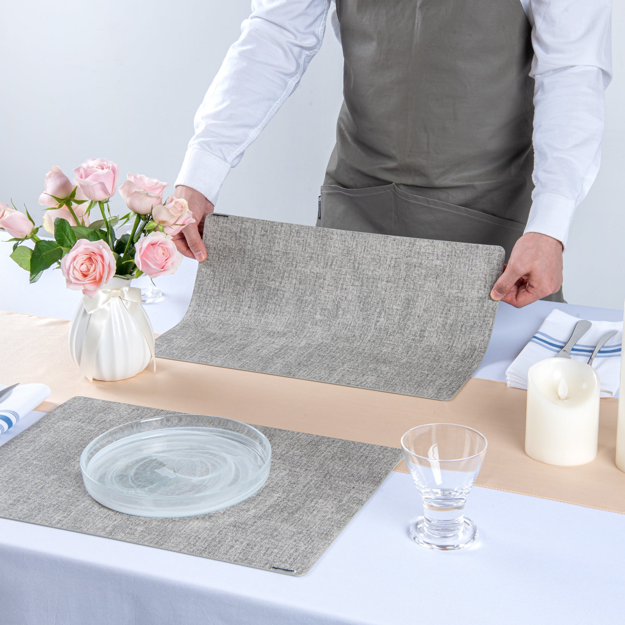 Denim Mesh Rectangle Light Gray Vinyl Linen-Feel Placemat - 17 3/4" x 11 3/4" - 6 count box