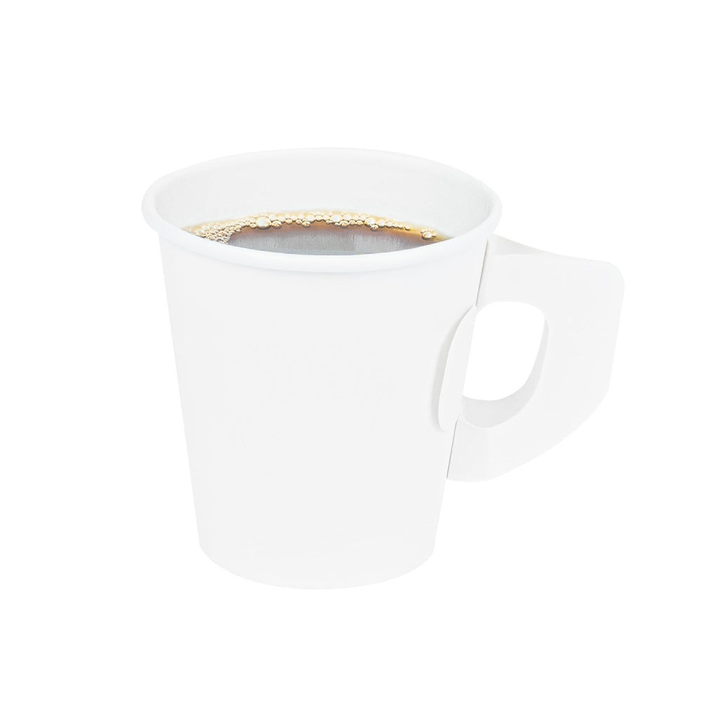 Restpresso 7 oz White Paper Coffee Cup - with Handle, Single Wall - 2 3/4" x 2 3/4" x 3" - 100 count box