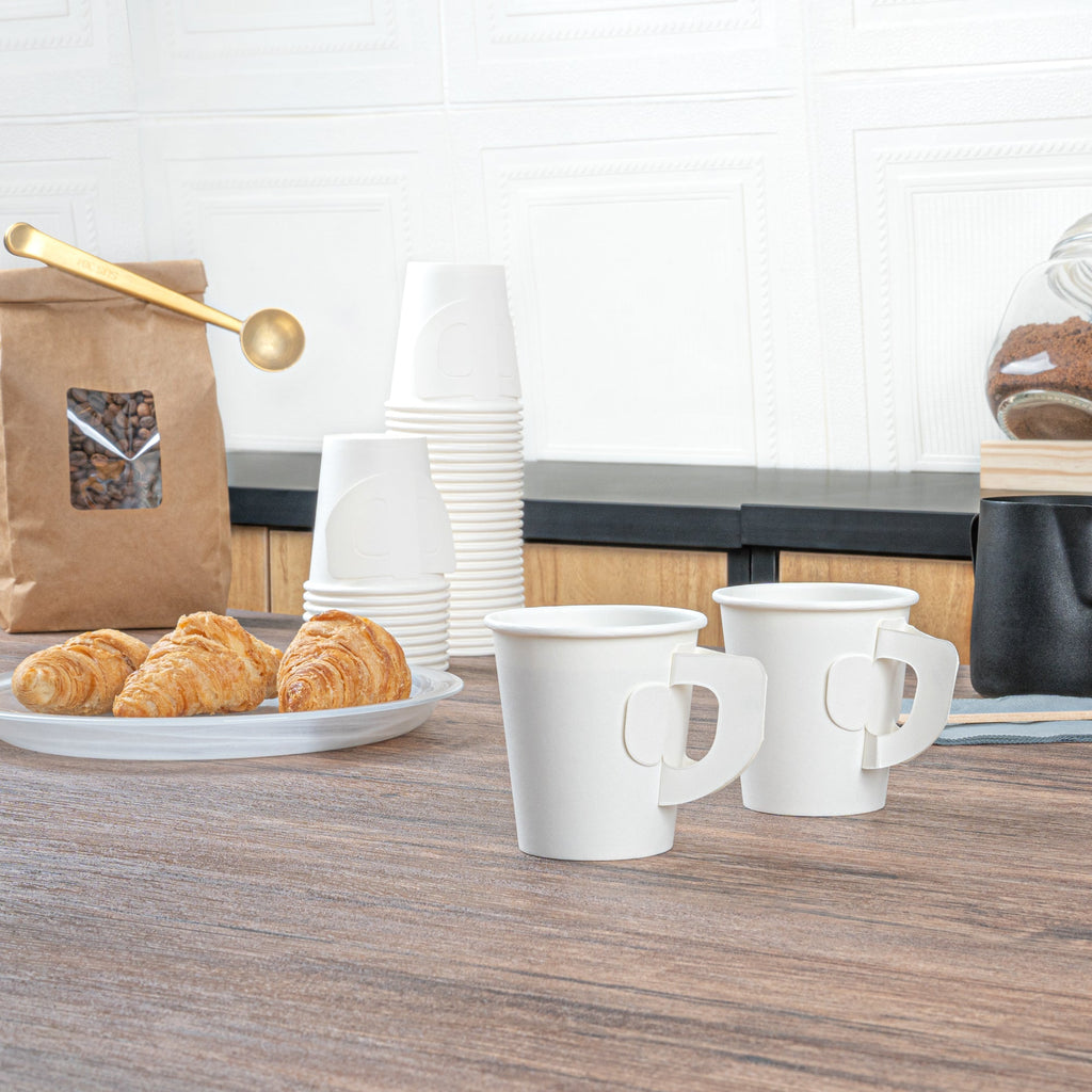 Restpresso 7 oz White Paper Coffee Cup - with Handle, Single Wall - 2 3/4" x 2 3/4" x 3" - 100 count box